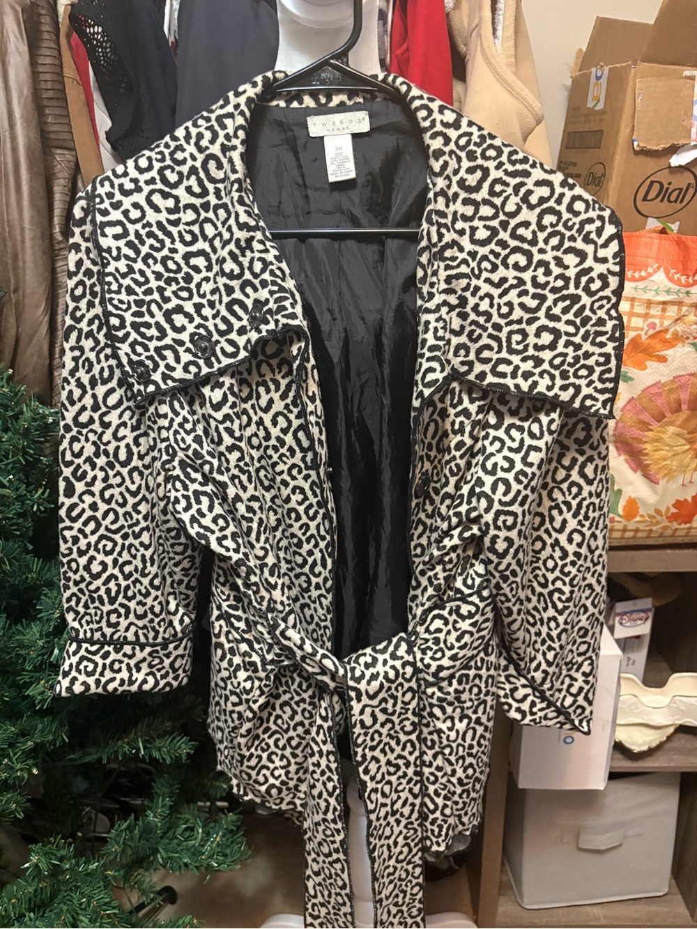 Ladies Tweeds Black and White Leopard Print Trench Coat